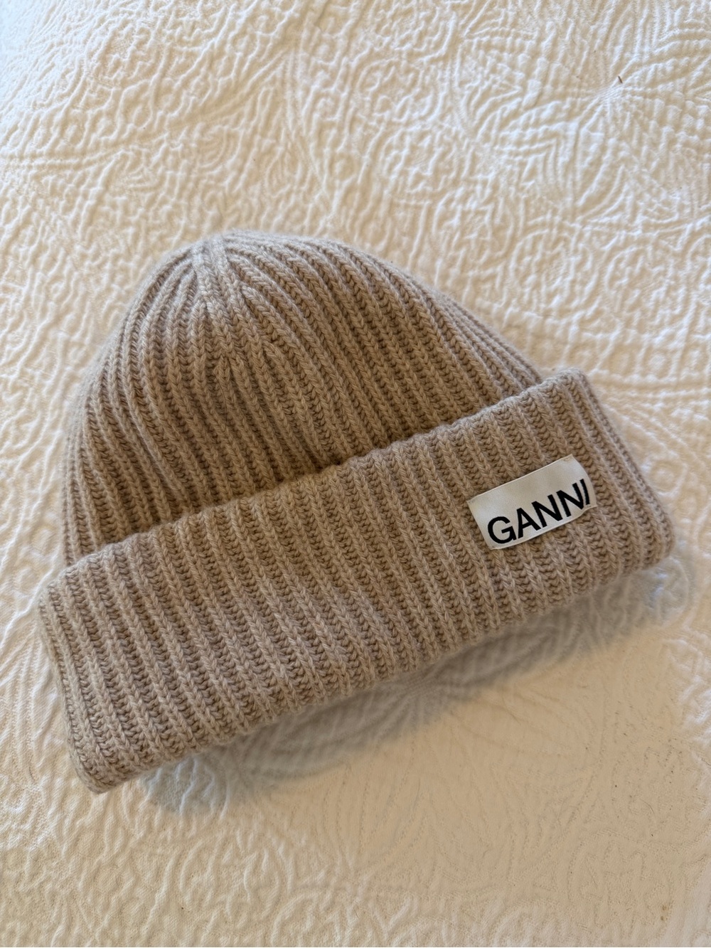 Ganni Oversized Wool Rib Knit Beanie Hat Brazilian Sand Tan Beige